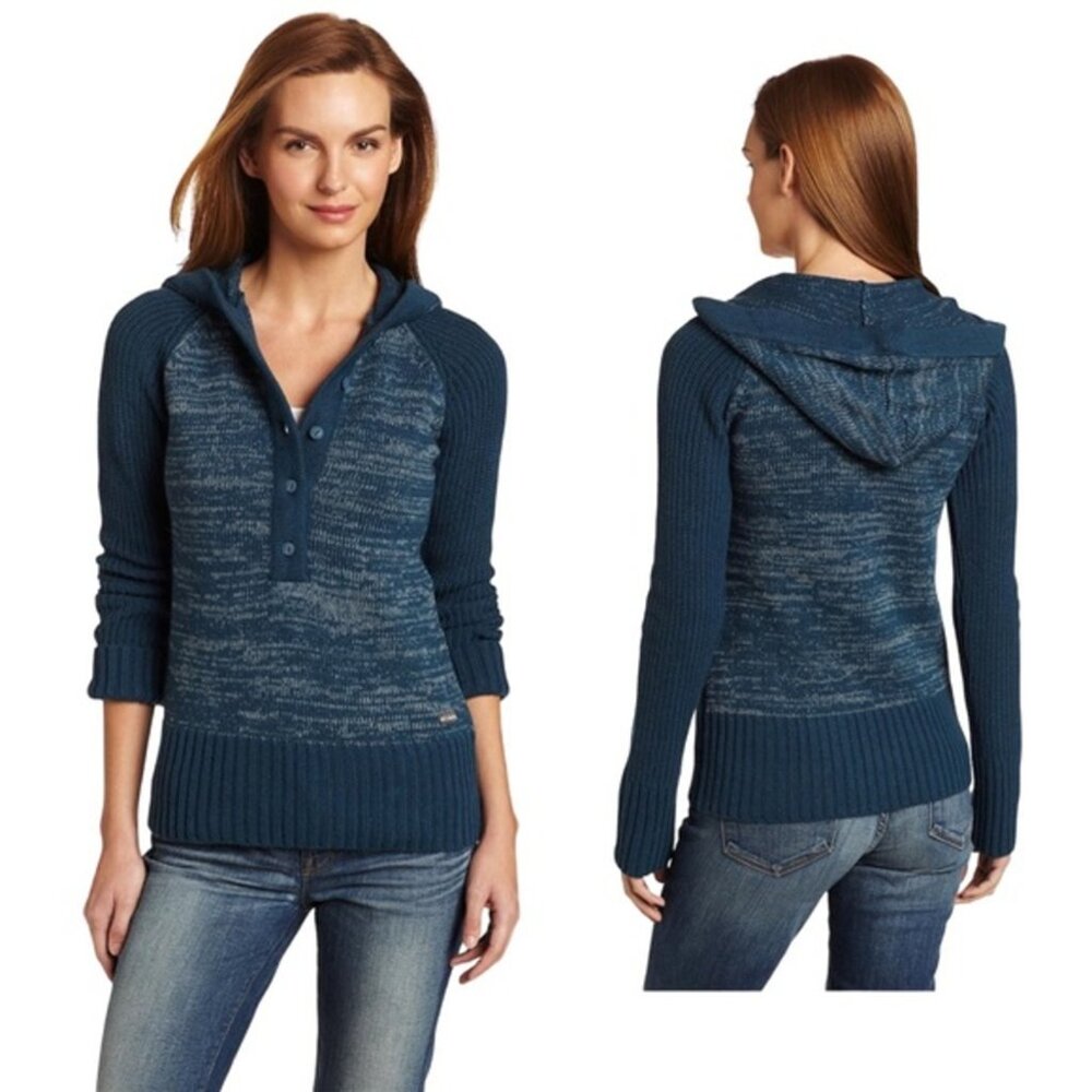Columbia Women's Large Hooded Sweater Teal Wool-Blend Button Pullover - Picture 2 of 9